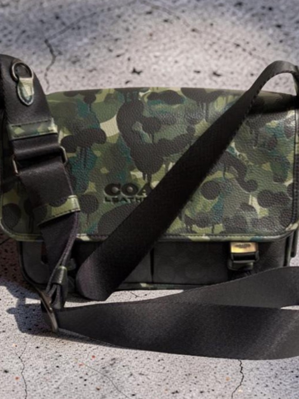 Coach Unisex Camouflage Leather Messenger Bag in Green and Black
